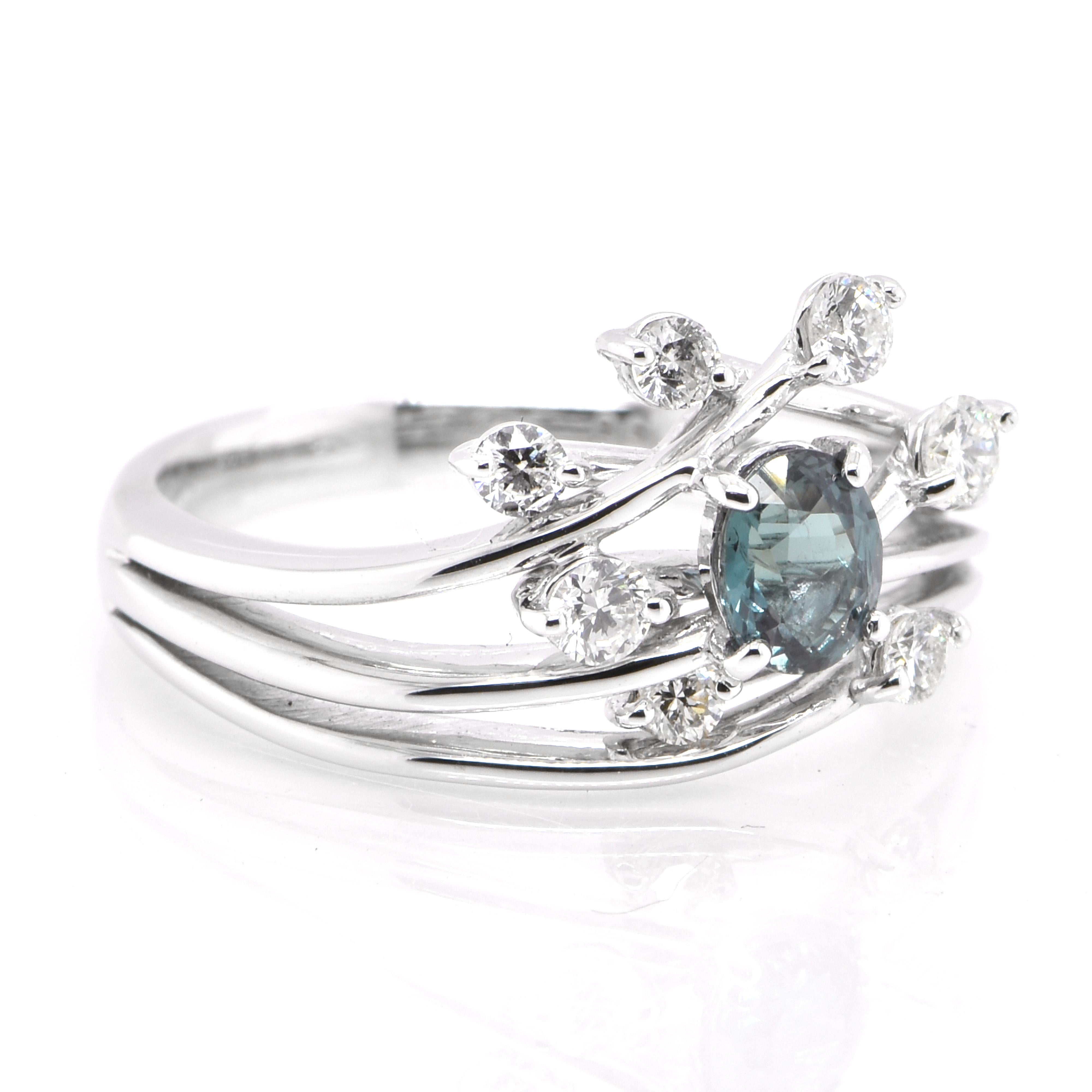 Modern 0.45 Carat Natural Color-Changing Alexandrite and Diamond Ring set in Platinum