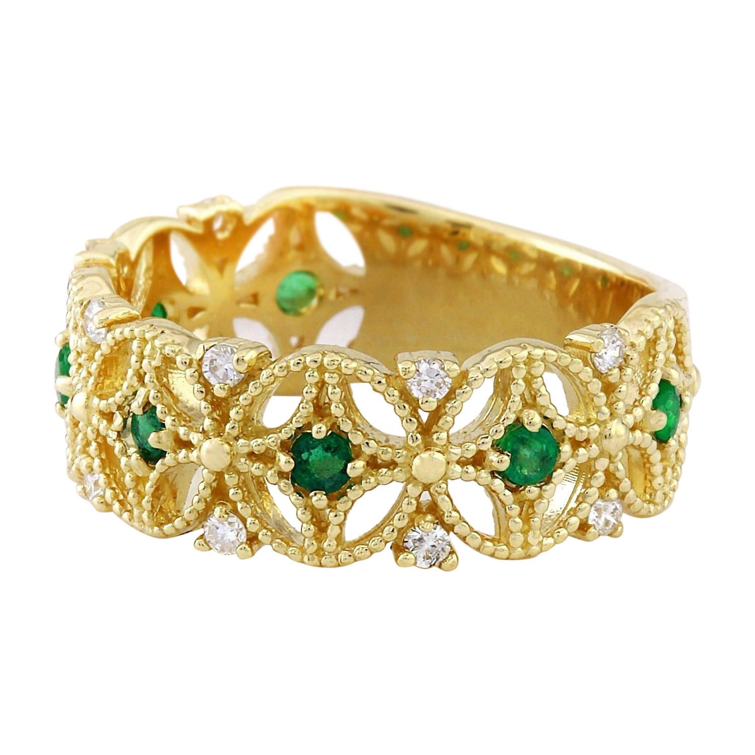 0.45 Carat Natural Emerald 14K Solid Yellow Gold Diamond Ring
 Item Type: Ring
 Item Style: Band
 Material: 14K Yellow Gold
 Mainstone: Emerald
 Stone Color: Green
 Stone Weight: 0.30 Carat
 Stone Shape: Round
 Stone Creation Method: Natural
 Stone