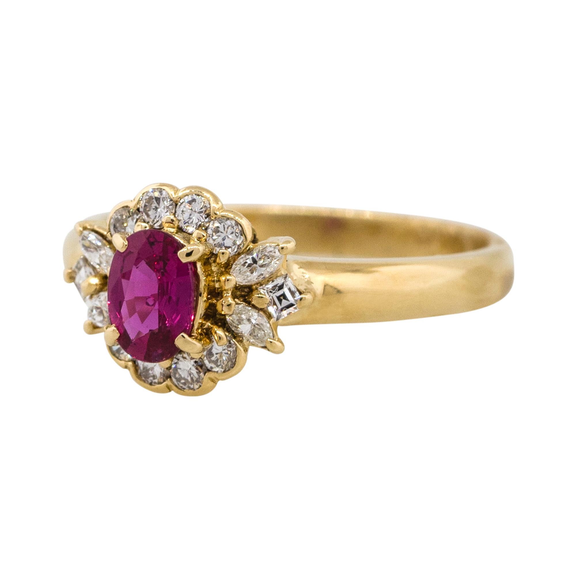 Material: 18k Yellow gold
Gemstone details: Approx. 0.45ctw oval shaped Ruby center gemstone
Diamond details: Approx. 0.39ctw of round cut and marquise cut Diamonds. Diamonds are G/H in color and VS in clarity
Ring Size: 5.75
Ring Measurements: