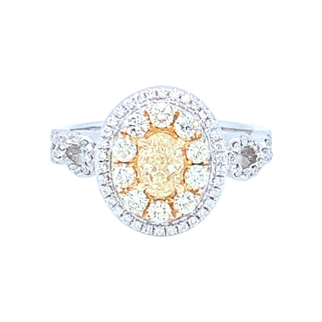 0,45 Karat ovaler gelber Diamant, weißer Diamant, Halo-Ring aus 14 Karat Gold