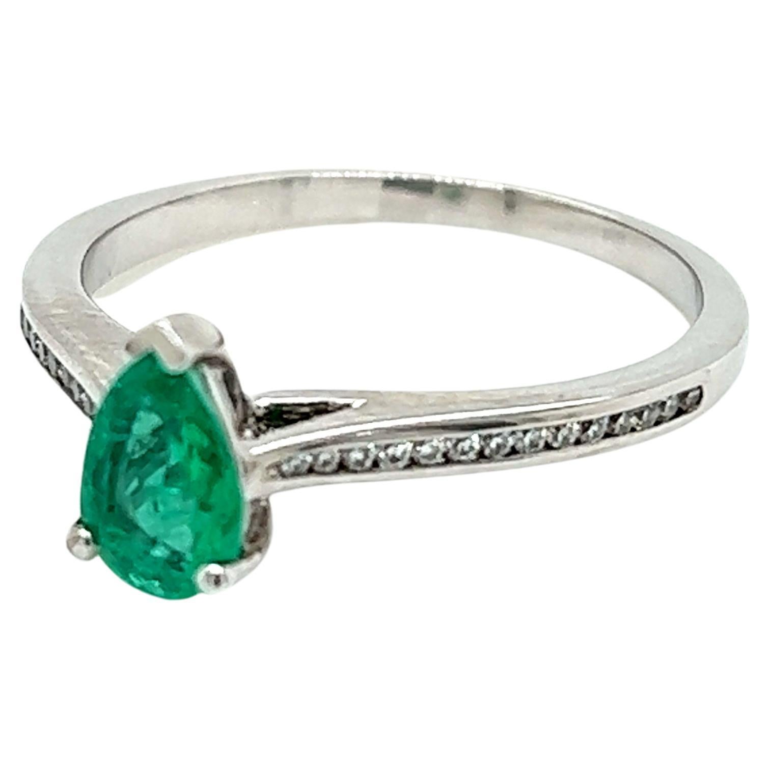 0.45 Carat Pear Shape Emerald and Diamond Ring in 18 Karat White Gold