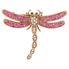 Retro 0.45 Carat Pink Sapphire, Diamond & Tsavorite Dragon Fly Pin 14 Karat Yellow