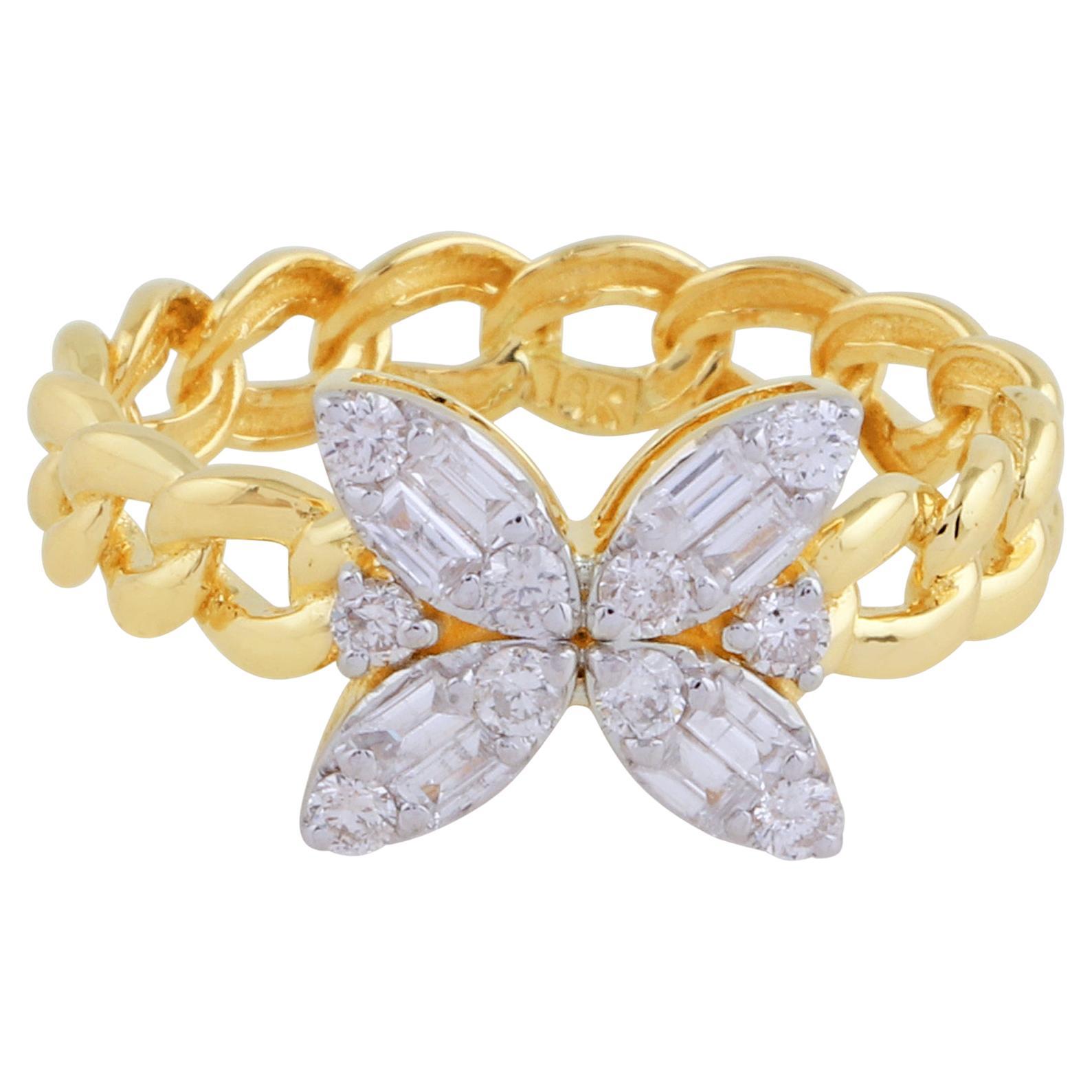For Sale:  0.45 Carat SI Clarity HI Color Baguette Diamond Flower Ring 18 Karat Yellow Gold