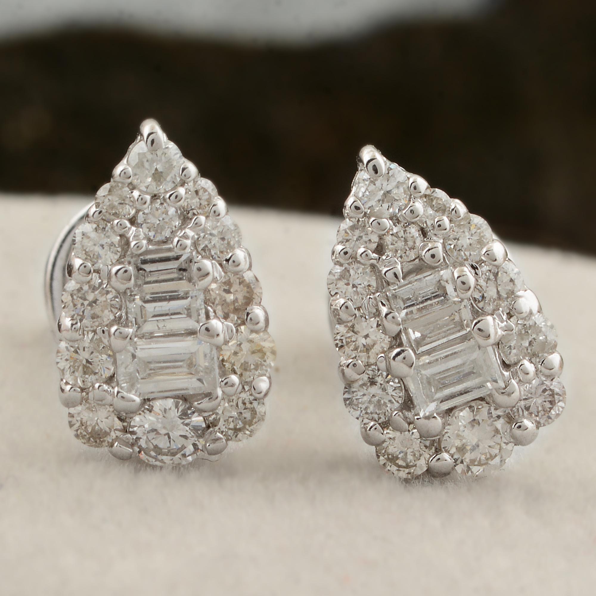 Baguette Cut 0.45 Carat SI/HI Baguette Round Diamond Pear Shape Earrings 10 Karat White Gold For Sale