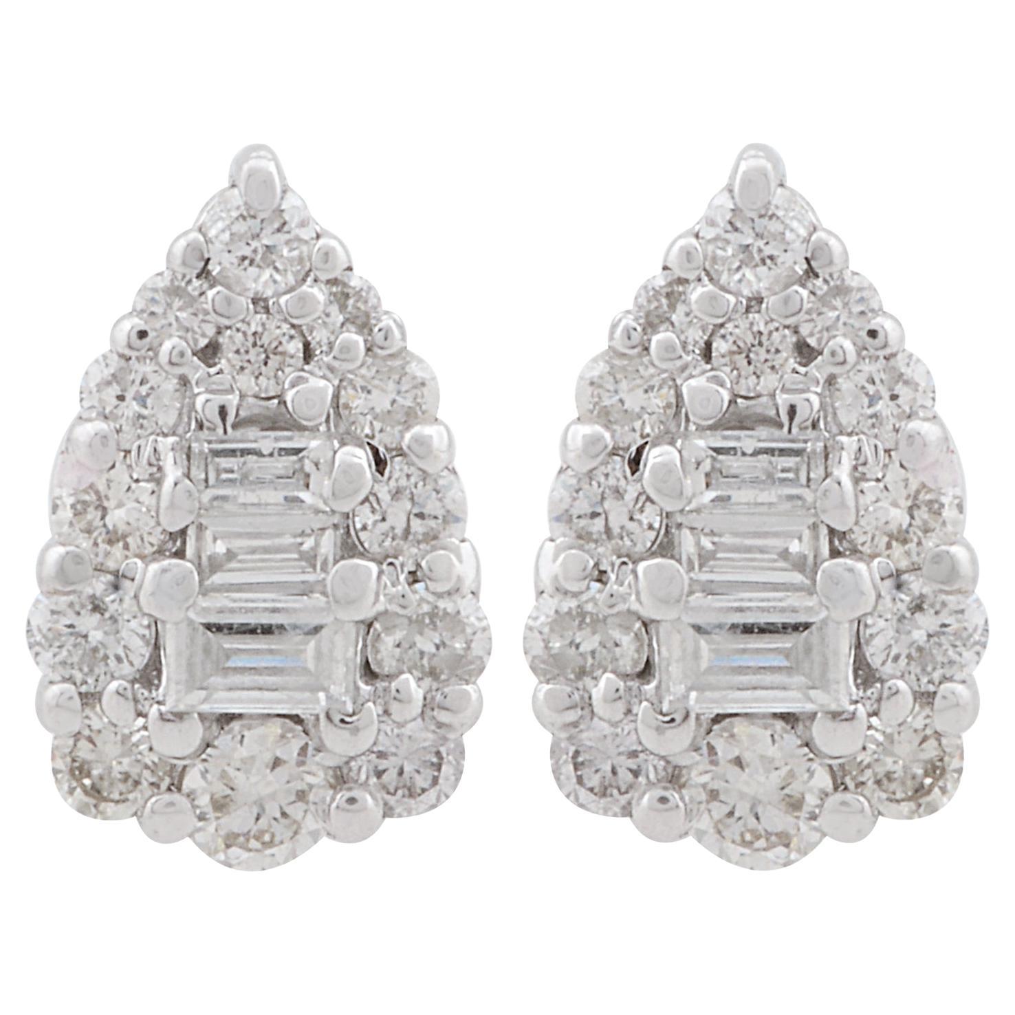 0.45 Carat SI/HI Baguette Round Diamond Pear Shape Earrings 10 Karat White Gold For Sale