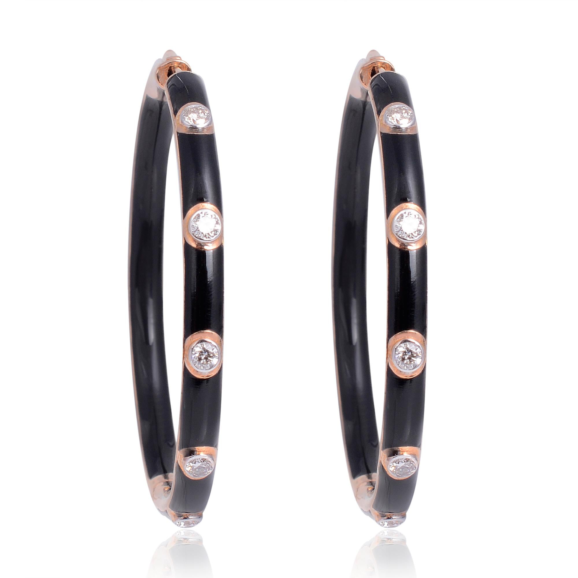 Modern 0.45 Carat SI/HI Diamond Black Enamel Hoop Earrings 18 Karat Rose Gold Jewelry For Sale