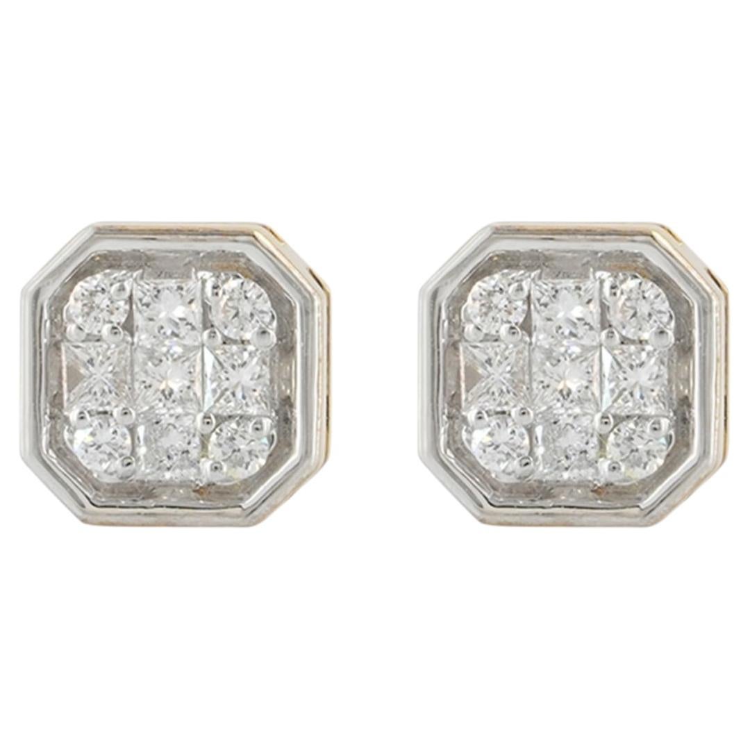 Pendientes ilusión de oro bicolor de 14 quilates con diamantes en racimo octogonal de 0,45 quilates