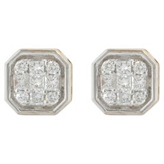 0.45 Ct Diamond Octagonal Cluster Studs 14K Two-Tone Gold Illusion Earrings