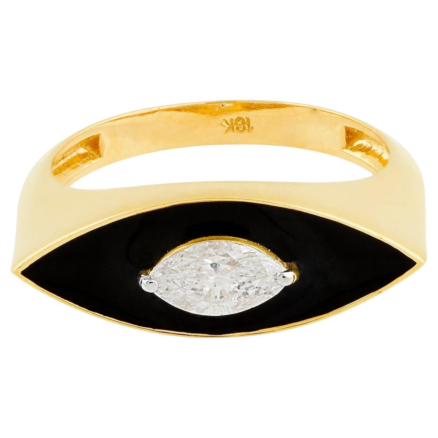 0.45 Carat Solitaire Diamond Evil Eye Ring 14k Yellow Gold Black Enamel Jewelry For Sale
