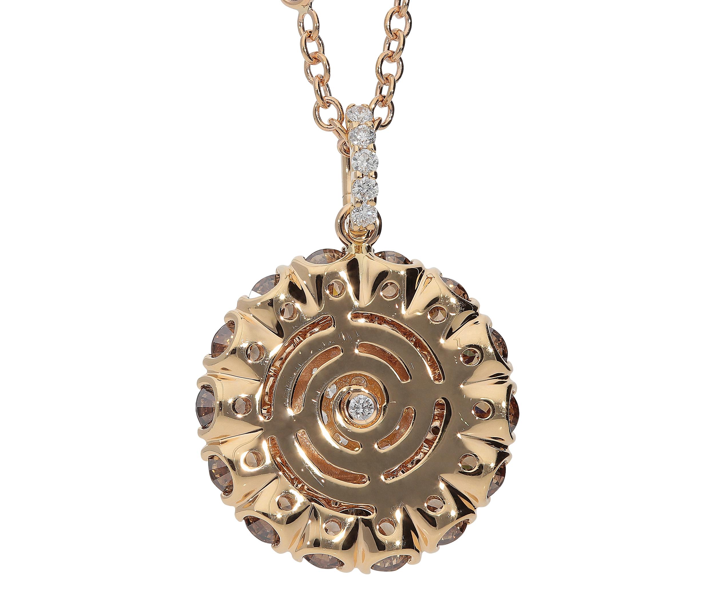 Round Cut 0.45 White GSI 0.78 Black 2.13 Brown Diamonds 18Kt Gold Round Pendant Necklace For Sale