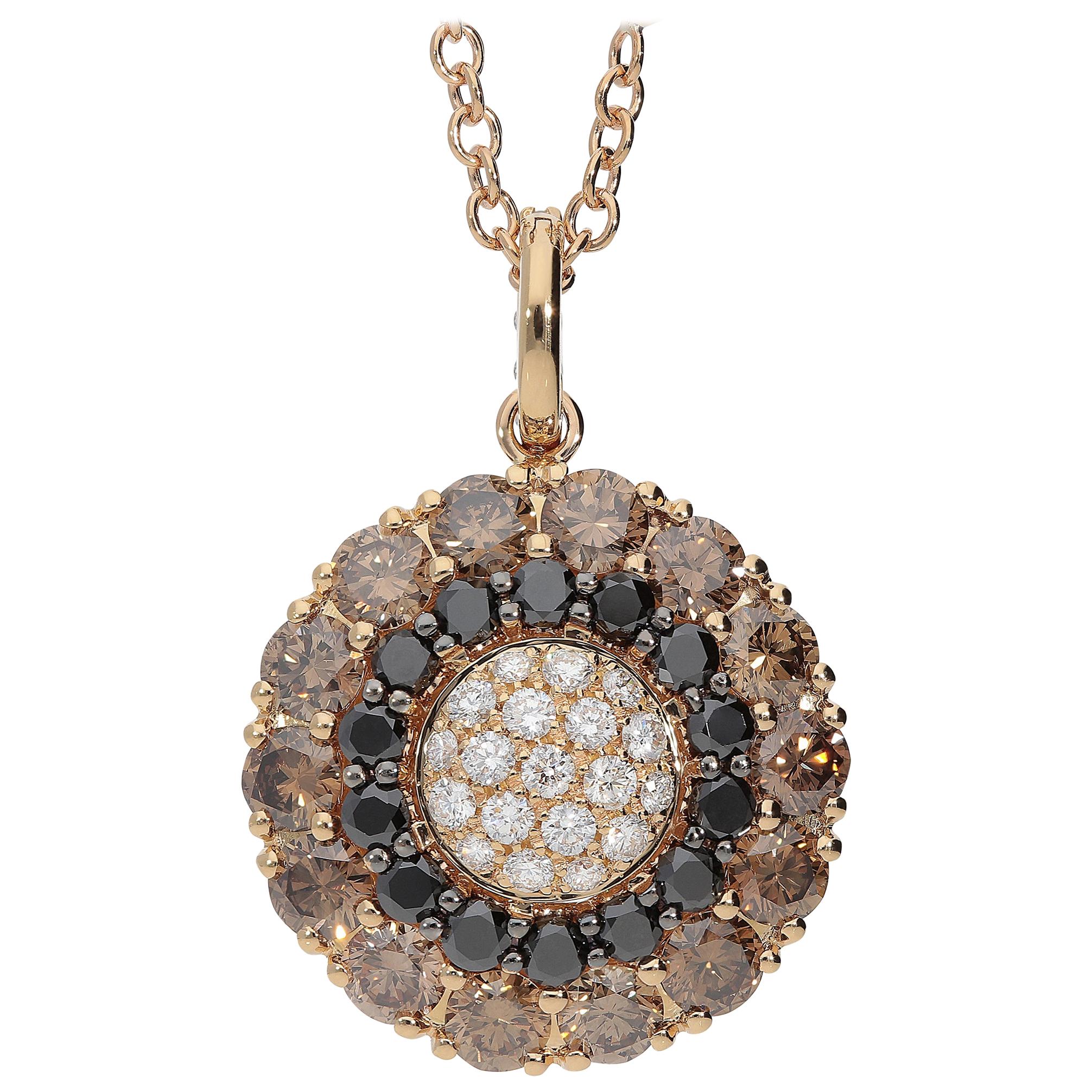 0.45 White GSI 0.78 Black 2.13 Brown Diamonds 18Kt Gold Round Pendant Necklace For Sale