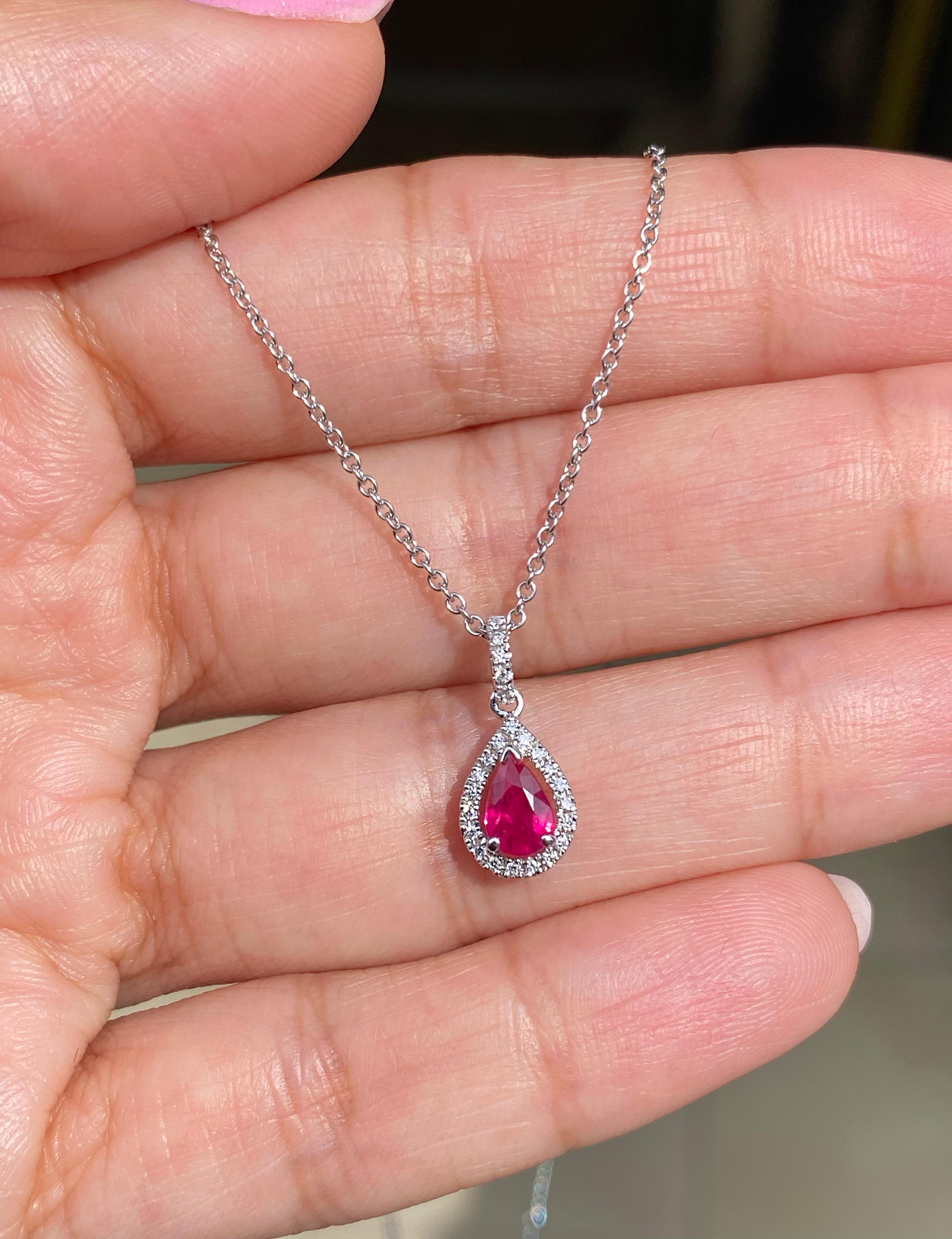Pear Cut 0.45ct Pear Shape Ruby and Diamond 18 Carat White Gold Pendant and Chain  For Sale
