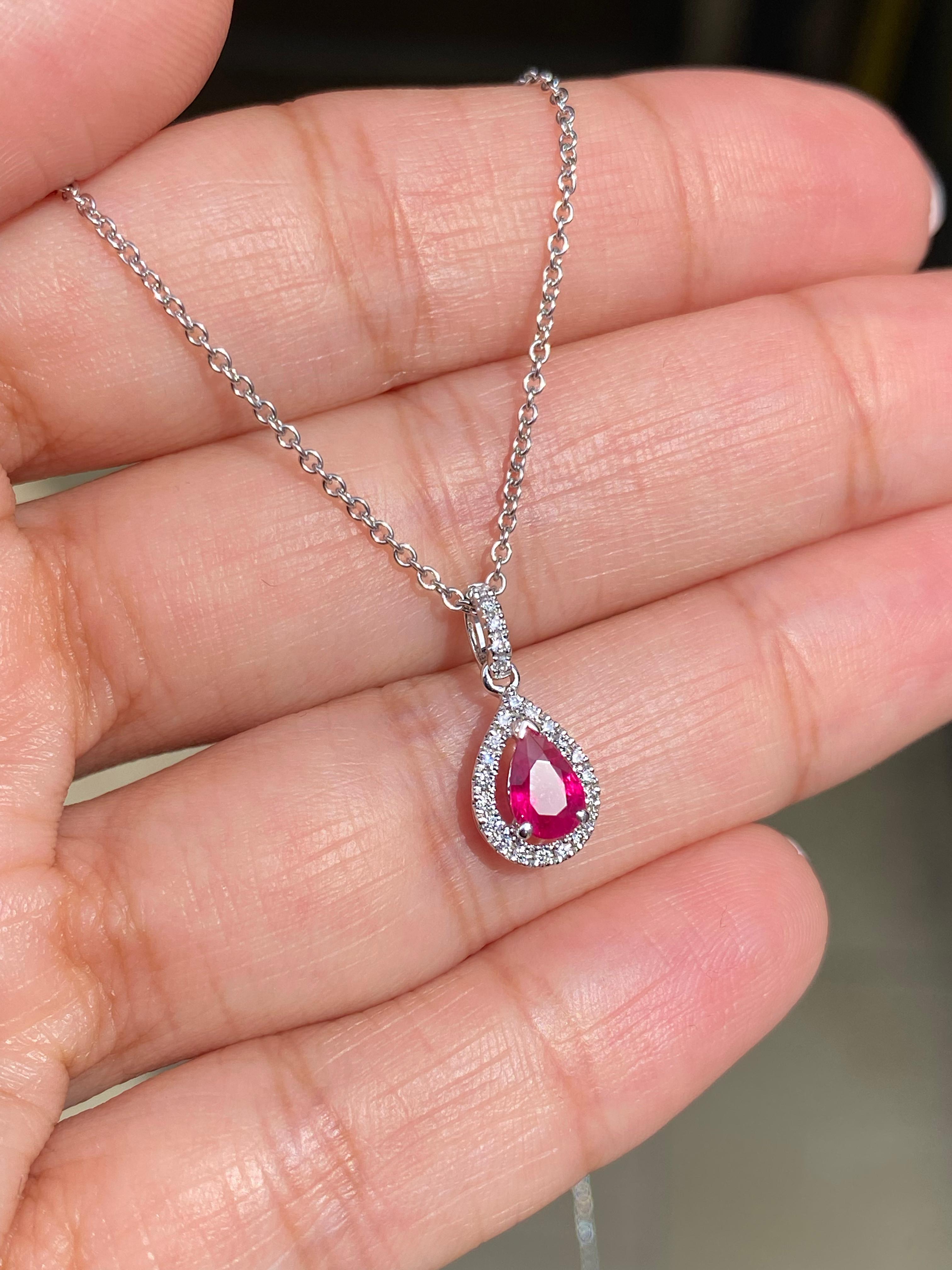 0.45ct Pear Shape Ruby and Diamond 18 Carat White Gold Pendant and Chain  In New Condition For Sale In London, GB