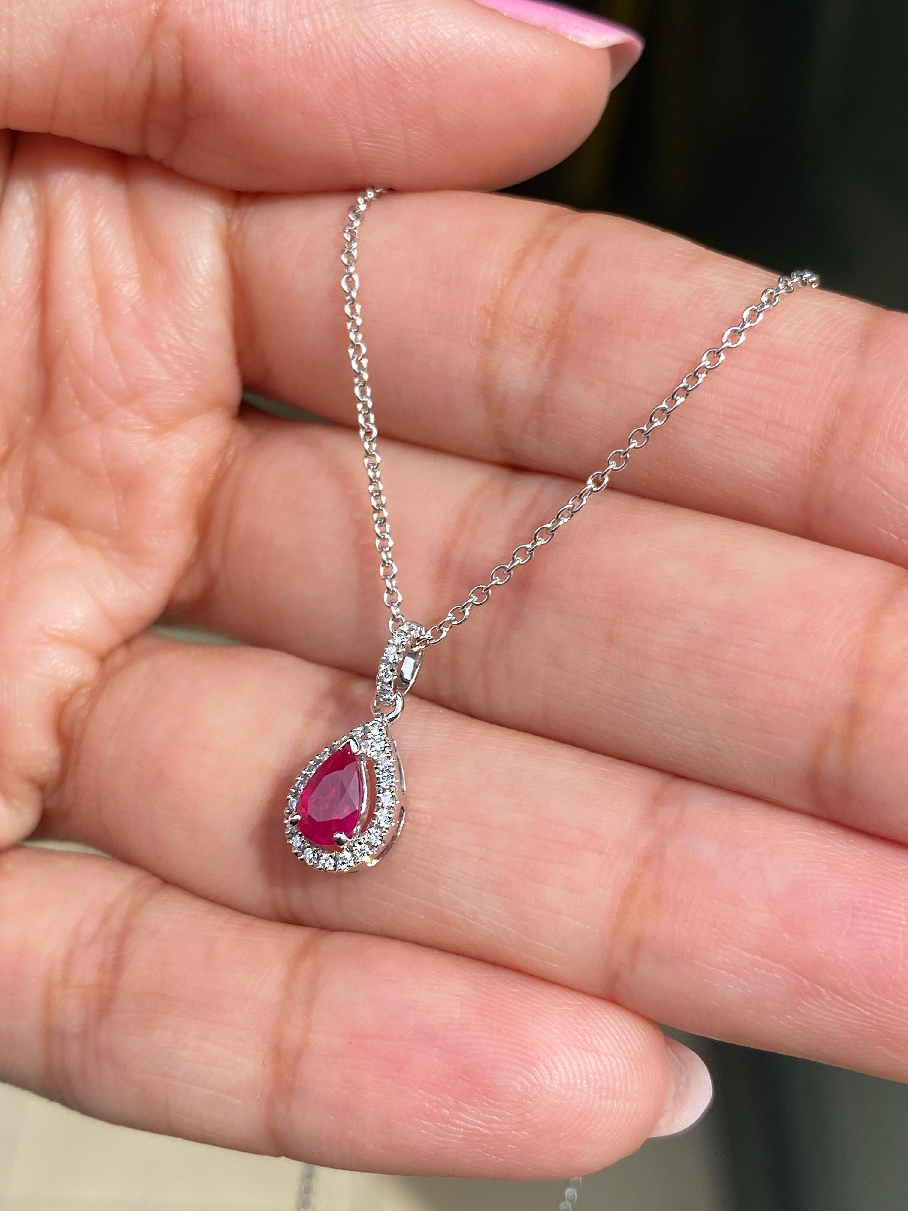 Women's 0.45ct Pear Shape Ruby and Diamond 18 Carat White Gold Pendant and Chain  For Sale