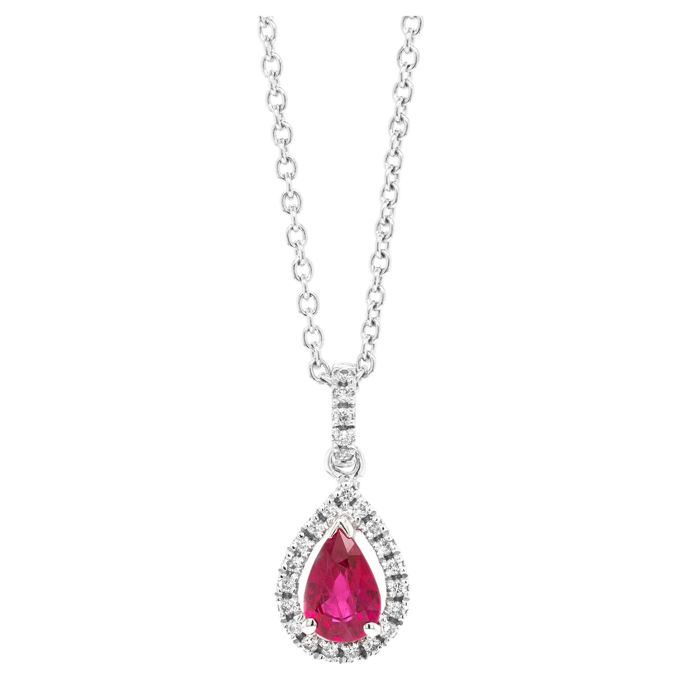 0.45ct Pear Shape Ruby and Diamond 18 Carat White Gold Pendant and Chain  For Sale
