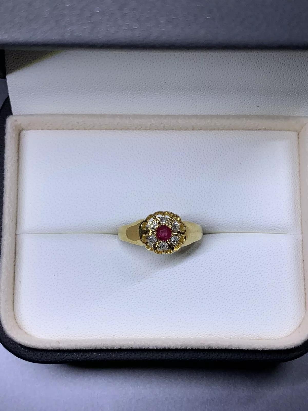 Antique style Ruby And Diamonds Engagement Ring 18k Yellow Gold.

Full British hallmark

Gorgeous Natural unheated Ruby total weight 0.20ct

Beautiful ruby natural gemstone untreated with diamonds antique style engagement ring wedding bridal