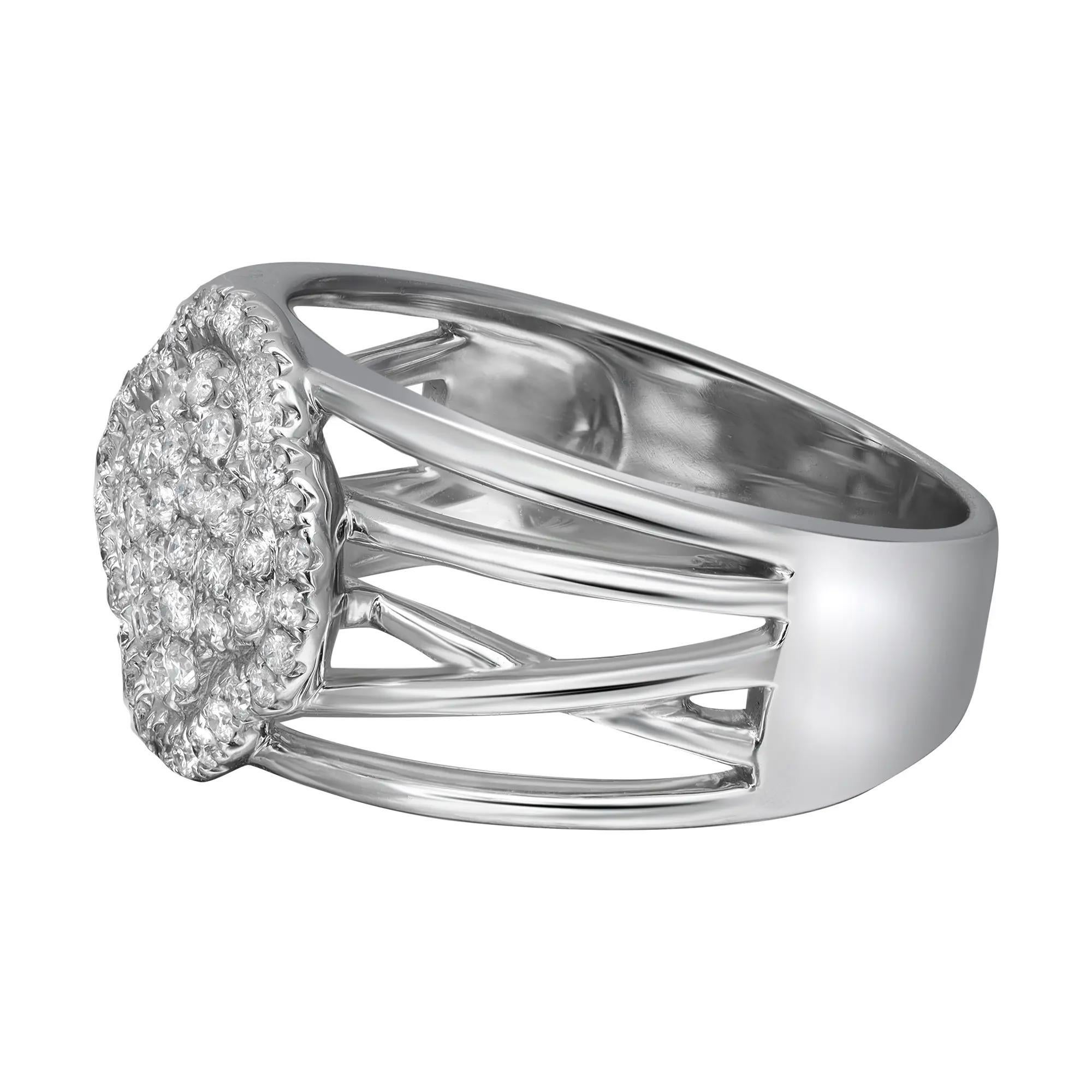 This stunning wide band ring is crafted in high polished 14K white gold. Features prong set with round cut diamonds studded in center motif, totaling 0.45 carat. The diamond color is I with SI clarity. Ring size 7.5. Width of the ring is 12.5 mm.