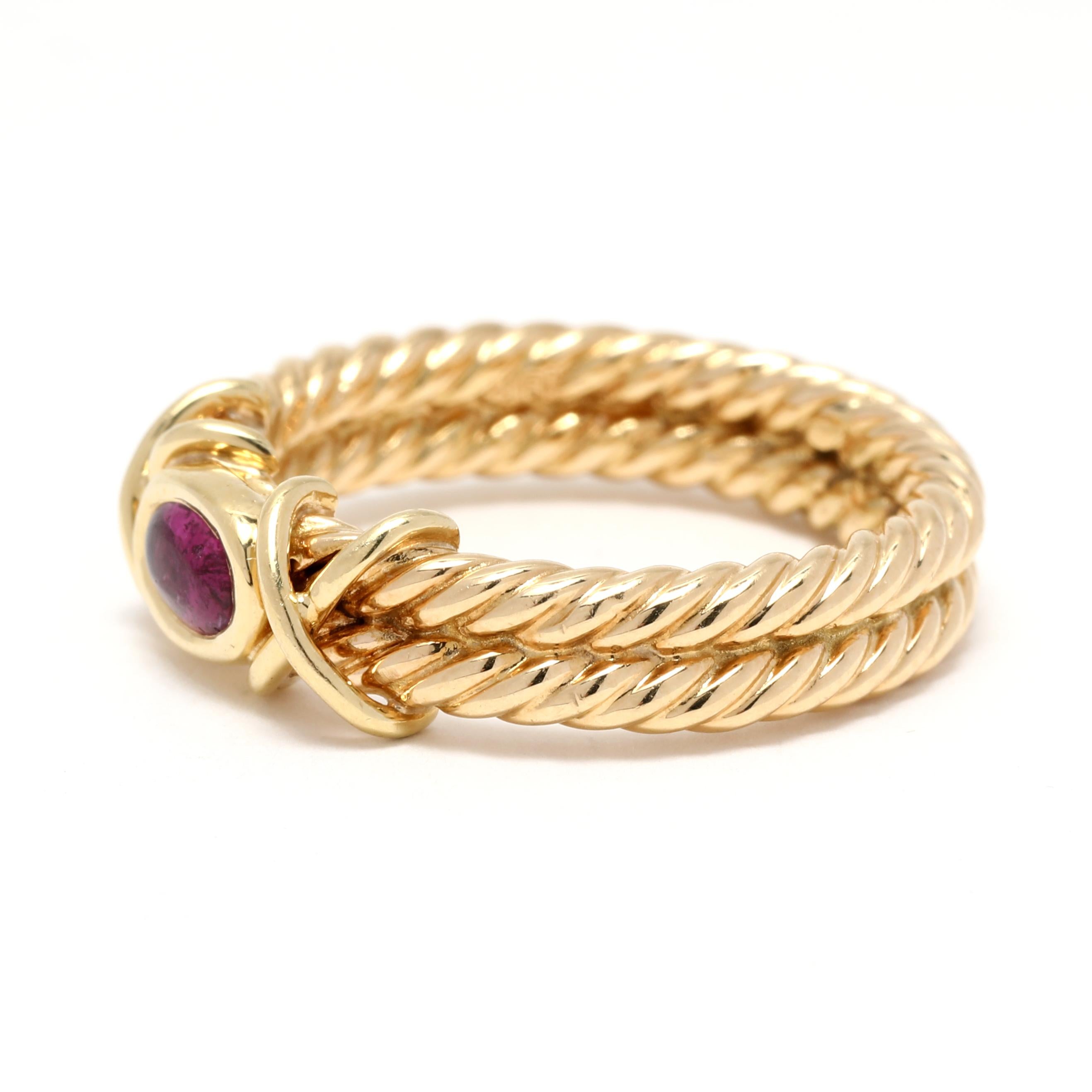 Women's or Men's 0.45ctw Cabochon Ruby Rope Band, 18k Yellow Gold, Ring, Double x Rope For Sale