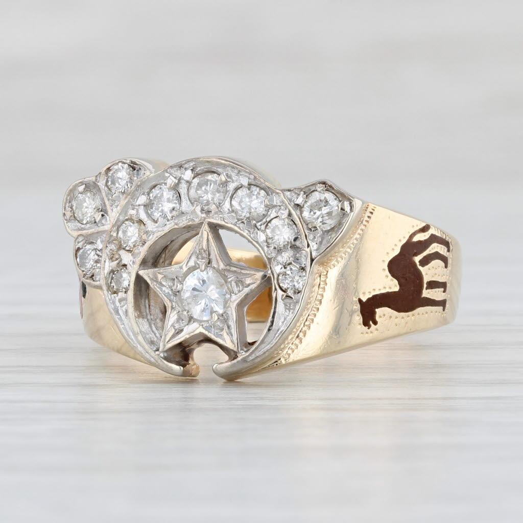 0.45ctw Diamond Shriners Signet Ring 14k Gold Scimitar Crescent Camel Fez Sz 10 For Sale