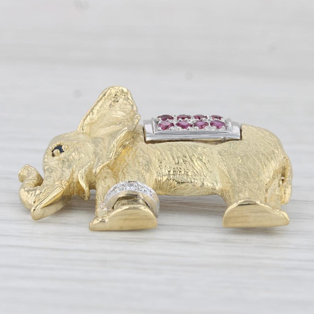 Round Cut 0.45ctw Ruby Diamond Sapphire Elephant Brooch 18k Yellow Gold Platinum Pin For Sale