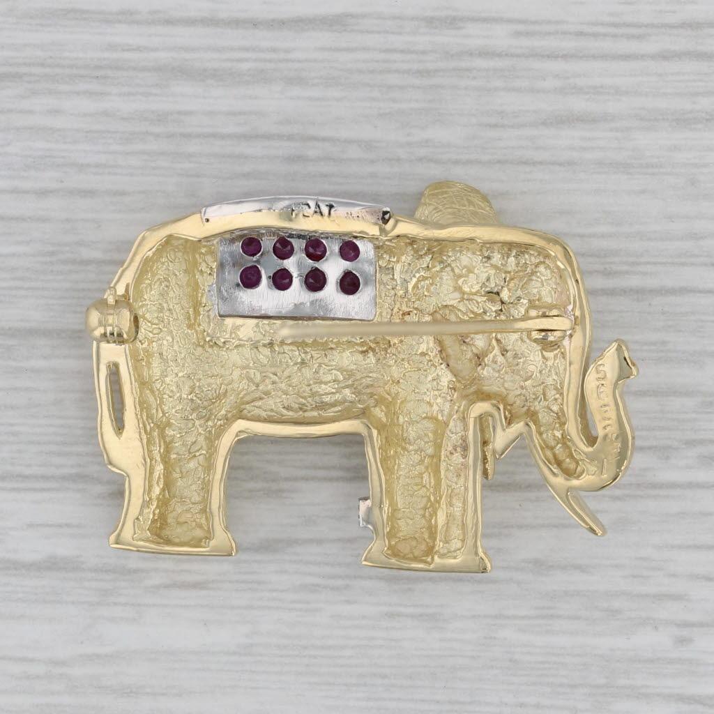 0.45ctw Ruby Diamond Sapphire Elephant Brooch 18k Yellow Gold Platinum Pin In Good Condition For Sale In McLeansville, NC