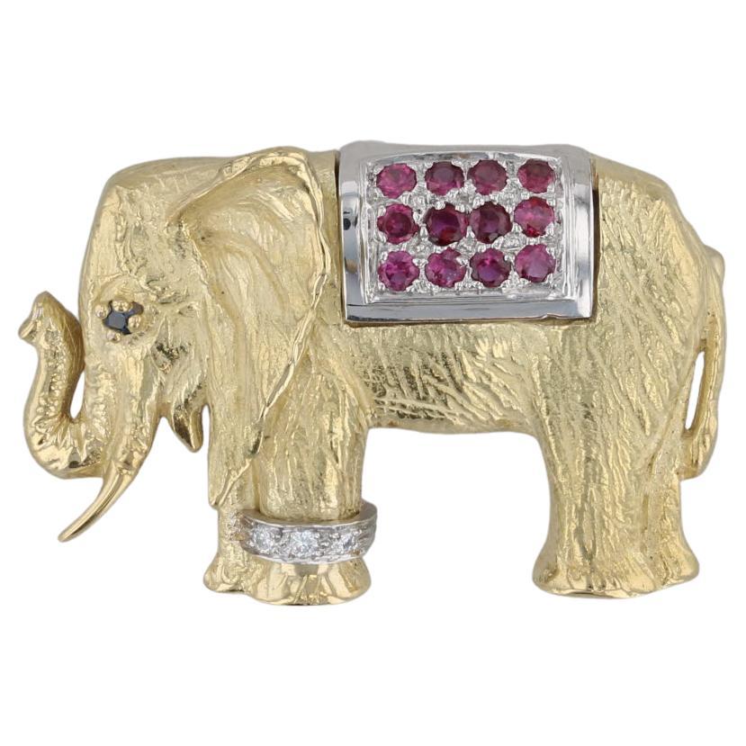 0.45ctw Ruby Diamond Sapphire Elephant Brooch 18k Yellow Gold Platinum Pin For Sale