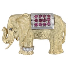 0,45 Karat Rubin Diamant Saphir Elefant Brosche 18k Gelbgold Platin Pin