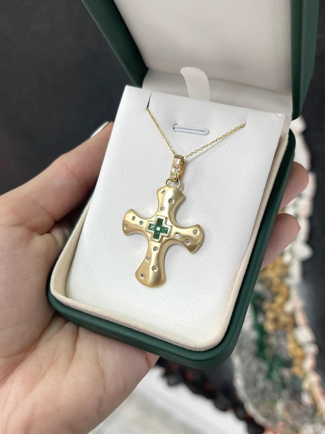 Women's or Men's 0.45tcw 14K Natural Asscher Cut Emerald & Diamond Accent Bezel Religious Cross  For Sale