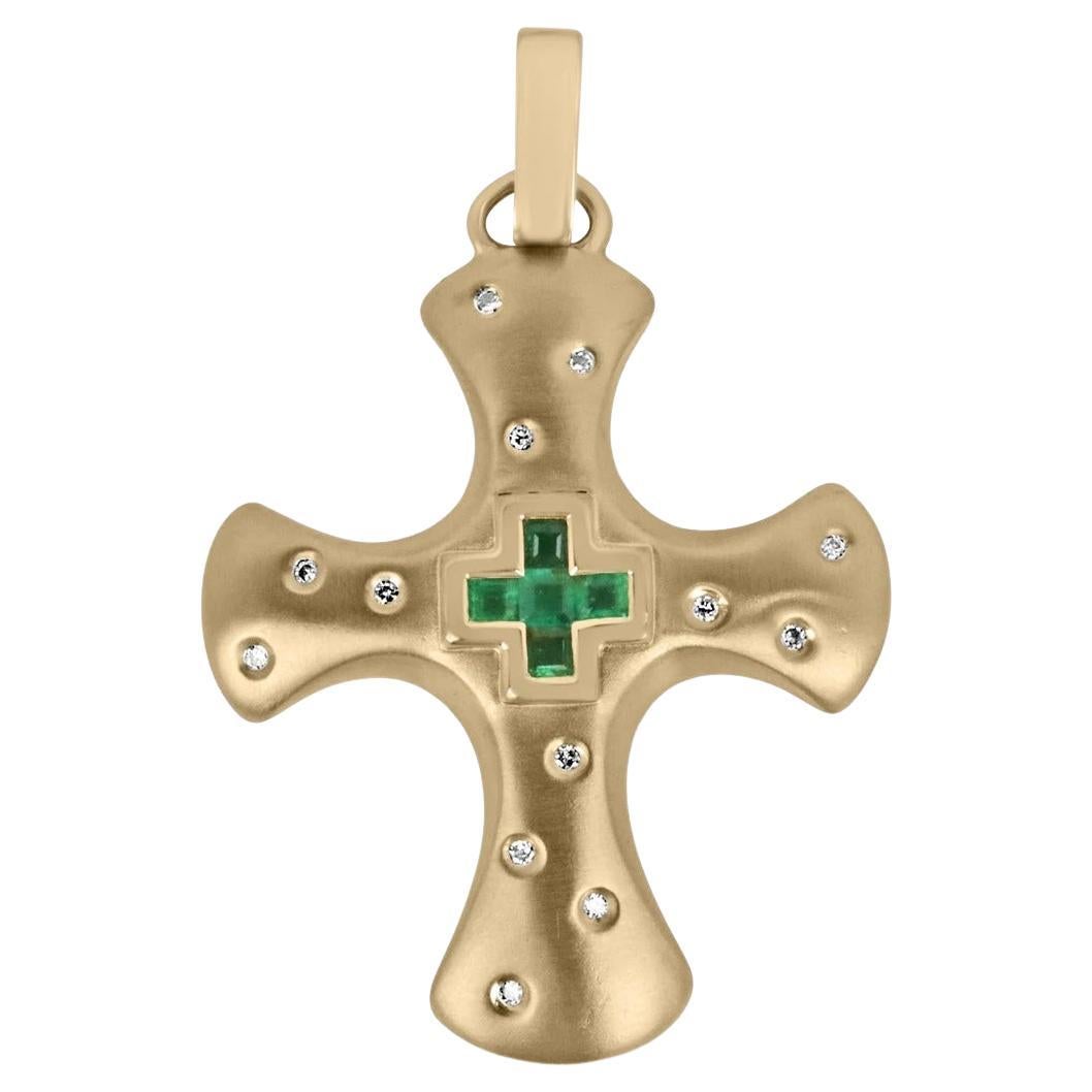 0.45tcw 14K Natural Asscher Cut Emerald & Diamond Accent Bezel Religious Cross  For Sale