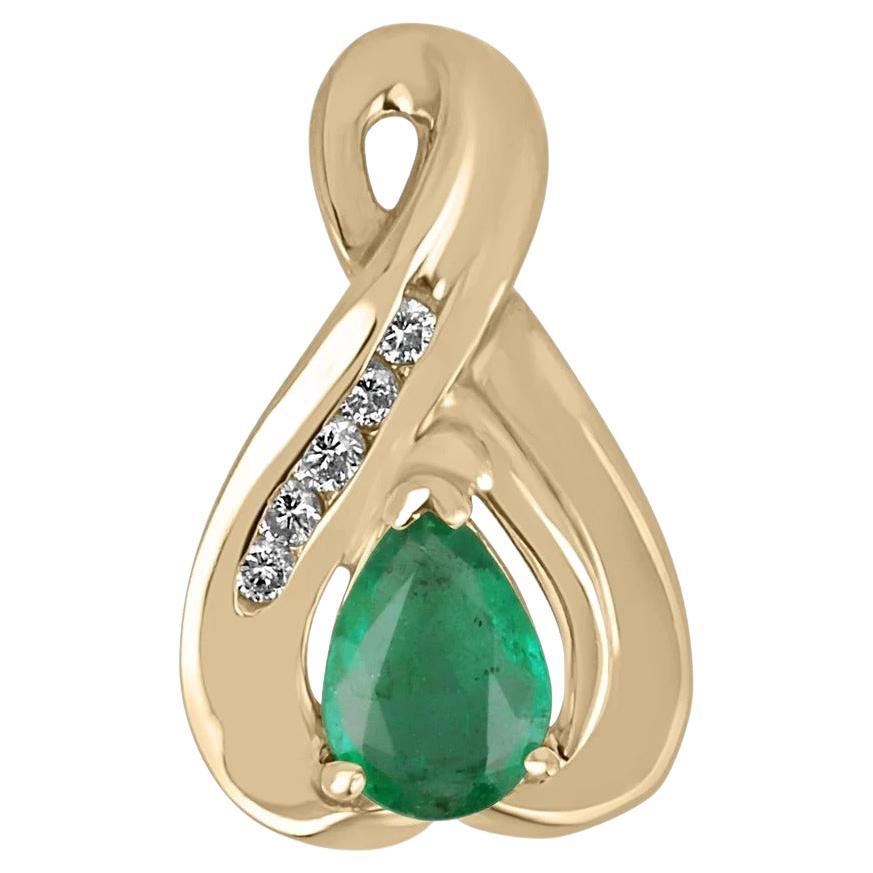 0.45tcw 14K Natural Emerald-Pear Cut Prong Set with Diamond Accent Gold Bail For Sale