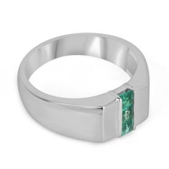 0.45tcw SS Men's Vertical Three Stone Natural Medium Spring Green Emerald Ring