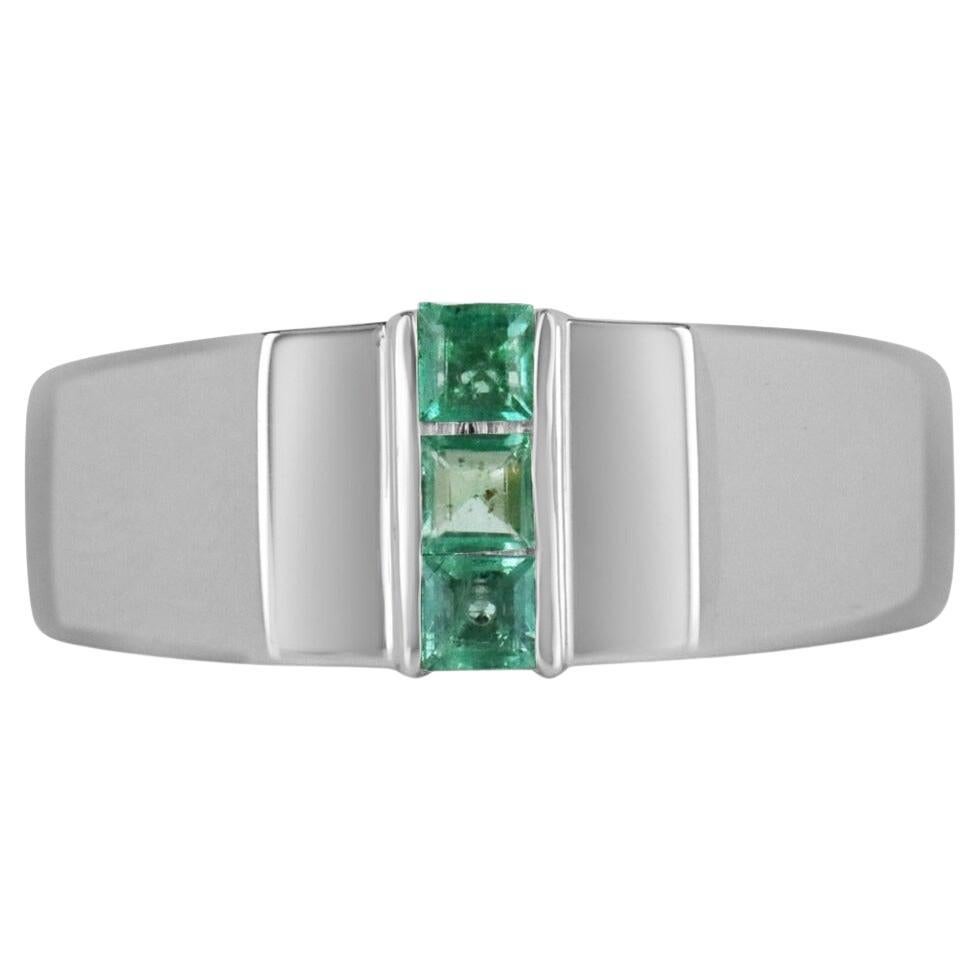 0.45tcw SS Men's Vertical Three Stone Natural Medium Spring Green Emerald Ring For Sale