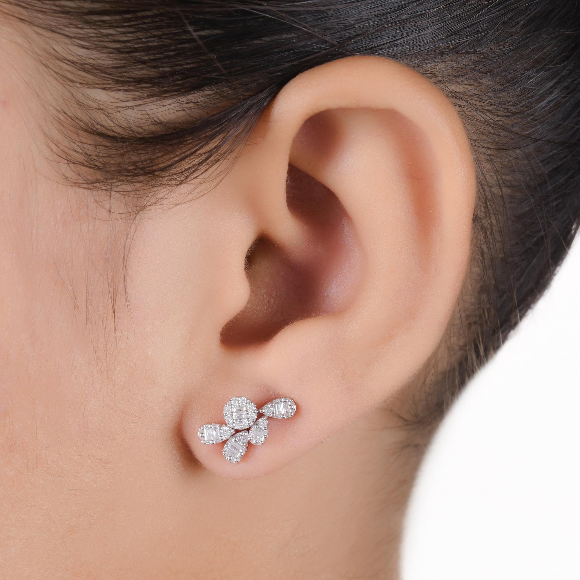 Modern 0.46 Carat Baguette Round Diamond Earrings 14 Karat White Gold Handmade Jewelry For Sale