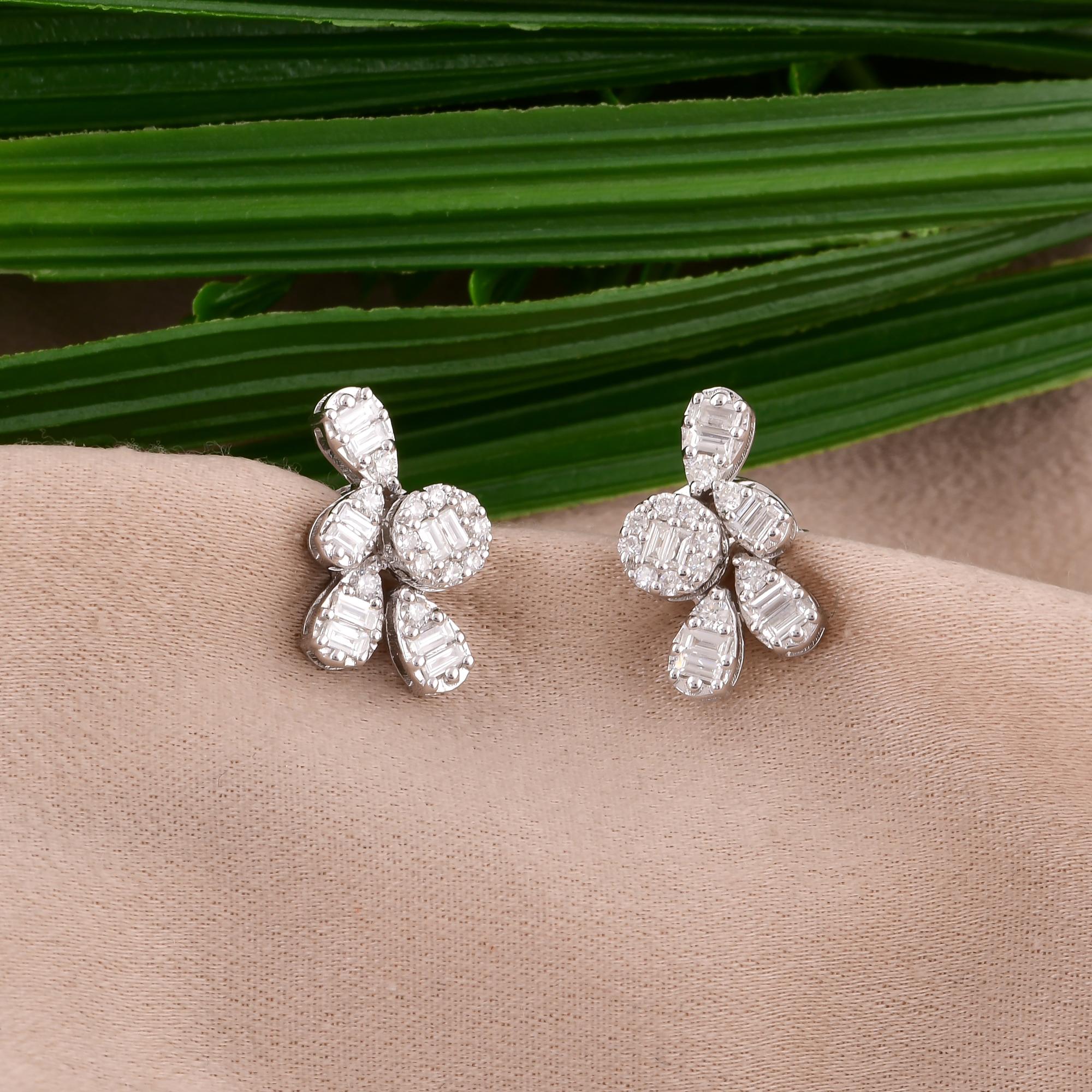 Baguette Cut 0.46 Carat Baguette Round Diamond Earrings 14 Karat White Gold Handmade Jewelry For Sale