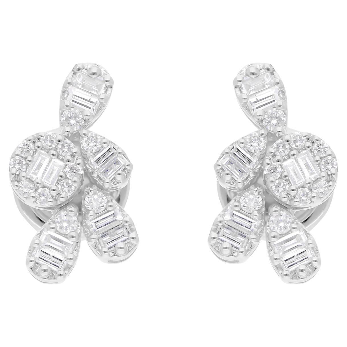0.46 Carat Baguette Round Diamond Earrings 18 Karat White Gold Handmade Jewelry
