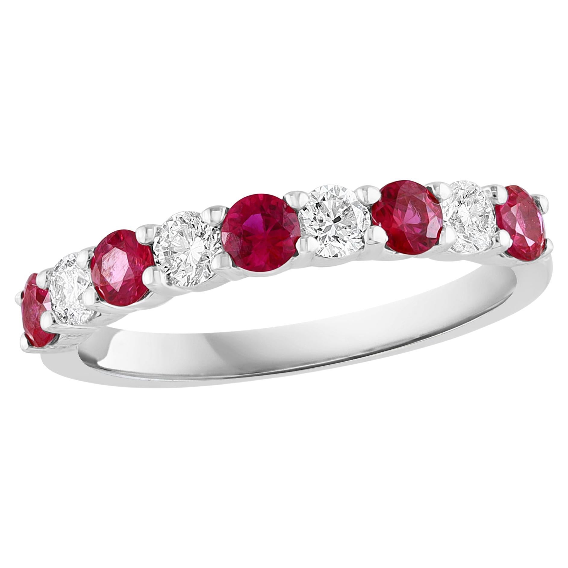 0.46 Carat Brilliant Cut Ruby Diamond 9 Stone Wedding Band 14K White Gold