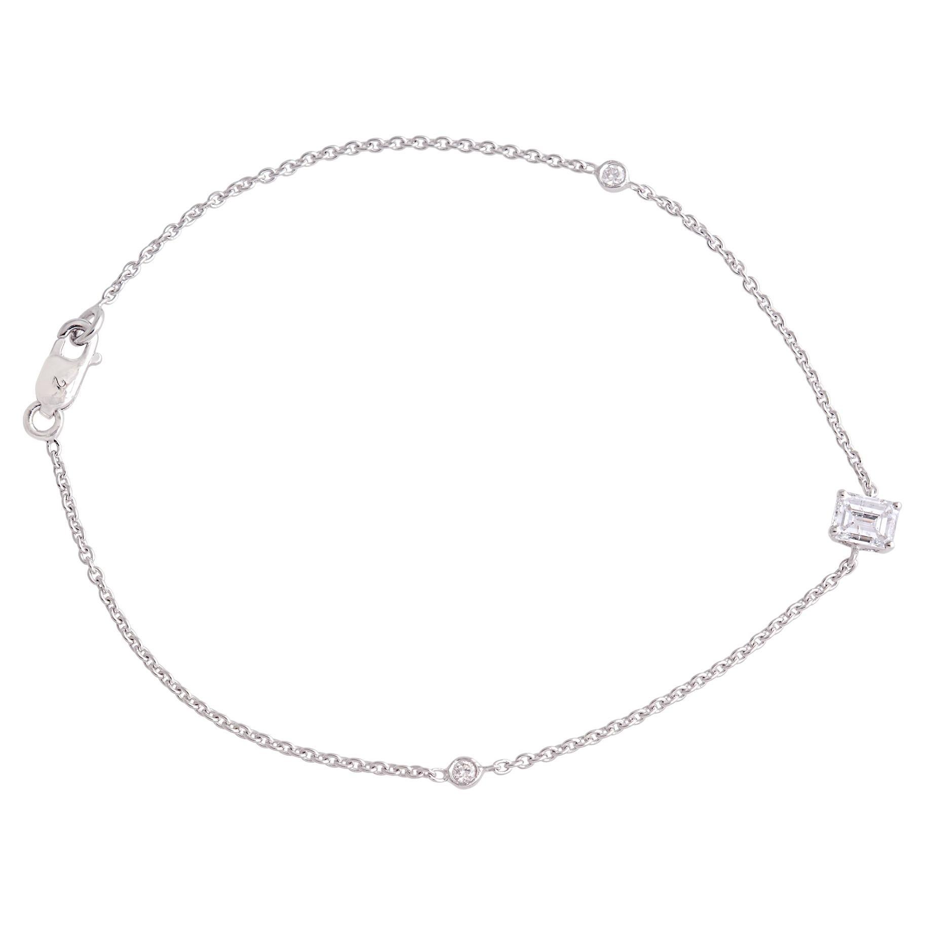 Bracelet à breloques en or blanc 14 carats massif avec diamants taille émeraude de 0,46 carat