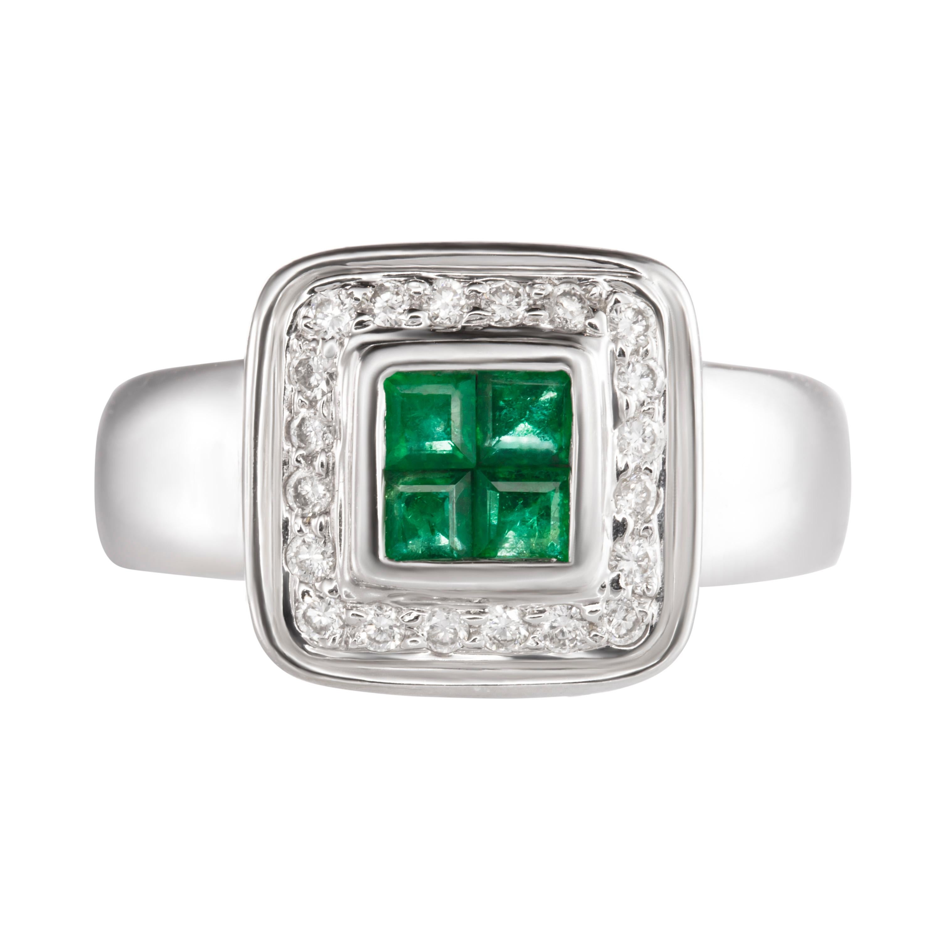 Encrusted with a stunning array of 0.46 carats of emeralds and 0.22 carats of diamonds, Butani's ring is fashioned in a sleek geometric design and molded from 18 karat white gold.  Currently a ring size US 6 3/4.  For other sizes, please contact