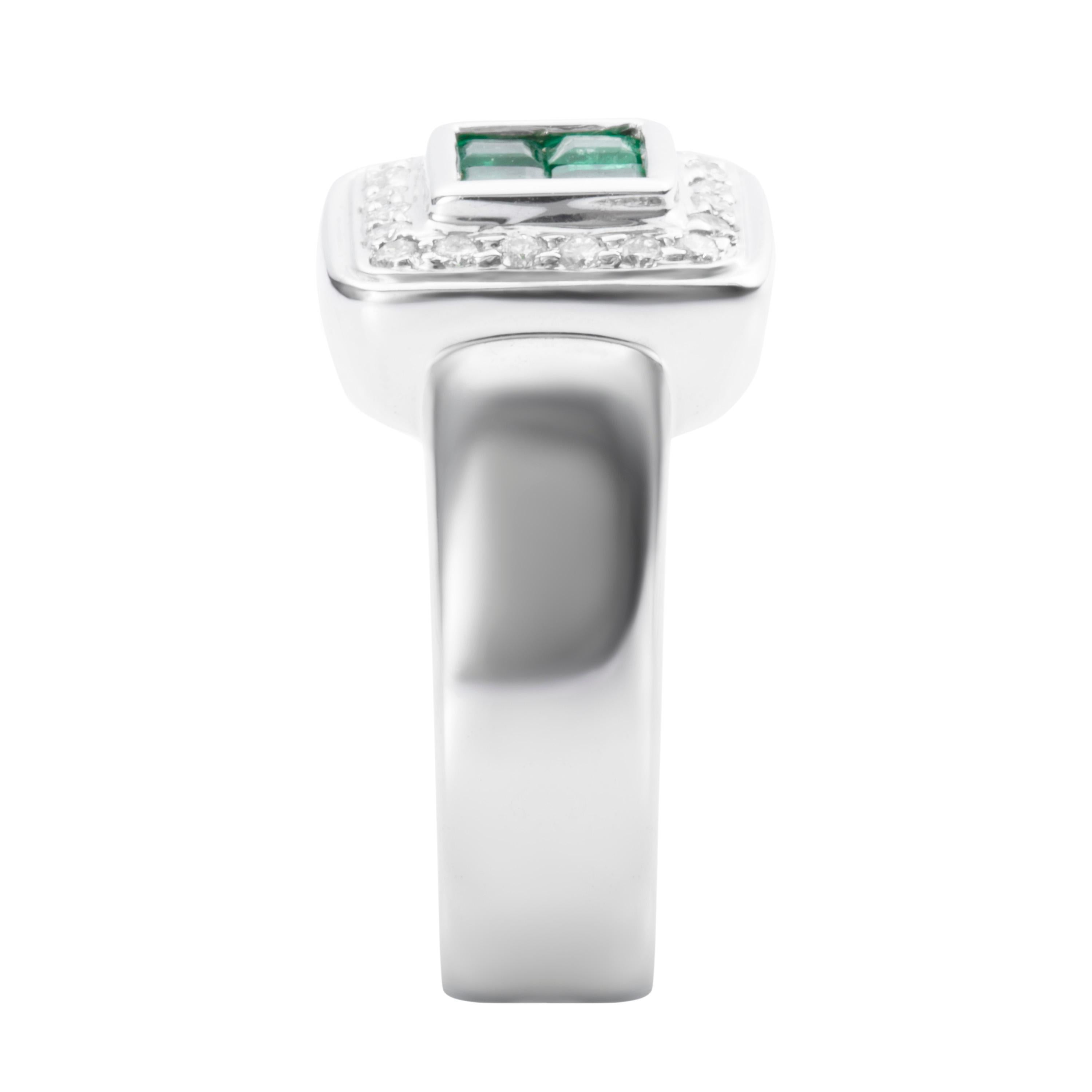 Contemporary 0.46 Carat Emerald White Diamond 18 Karat White Gold Geometric Cocktail Ring For Sale