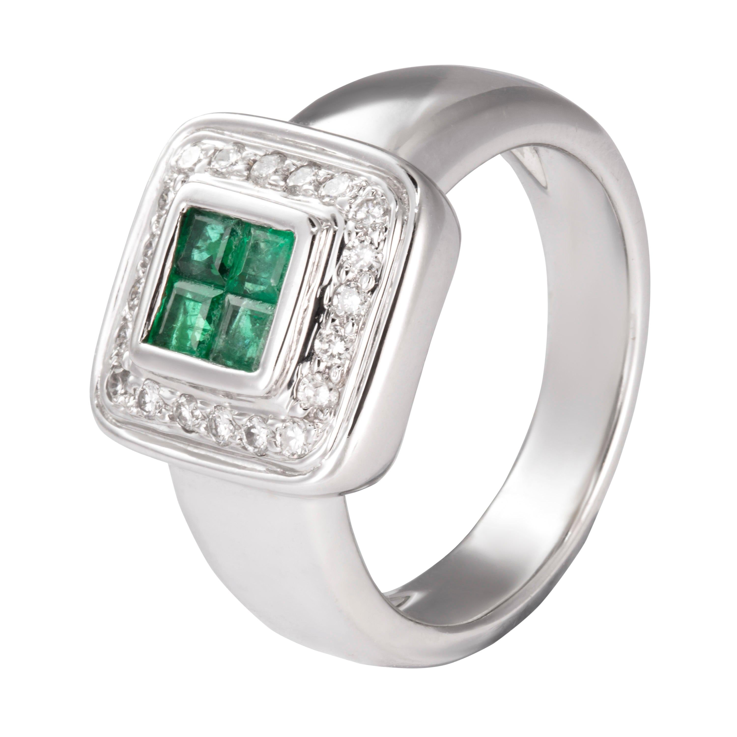 0.46 Carat Emerald White Diamond 18 Karat White Gold Geometric Cocktail Ring For Sale