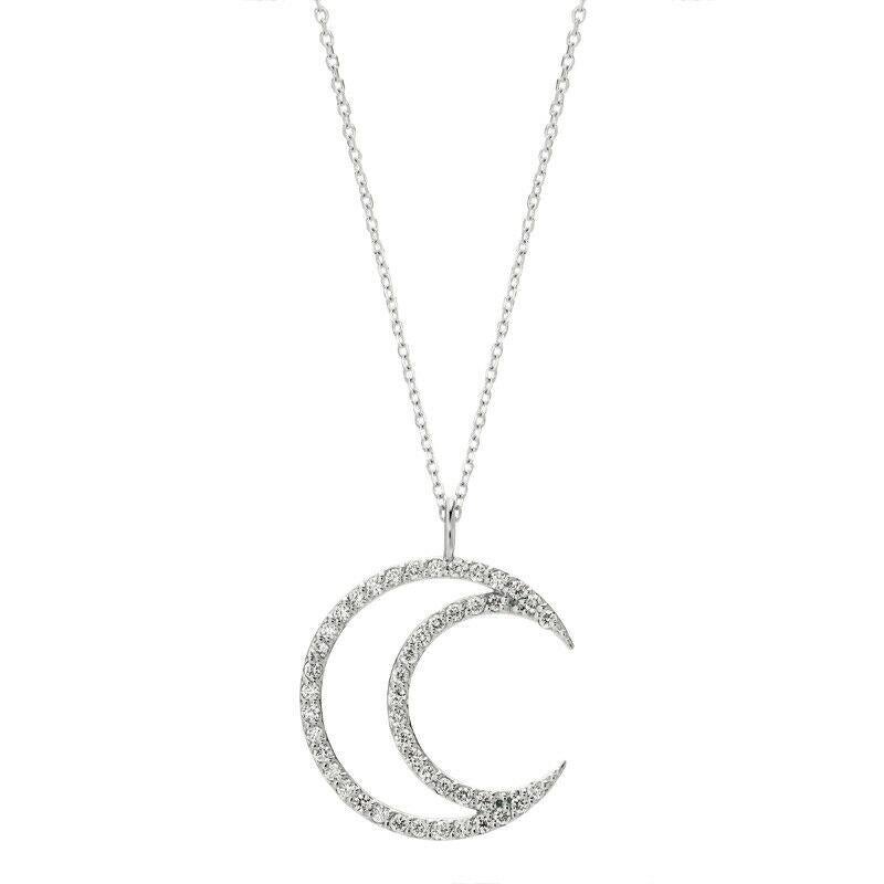 Round Cut 0.46 Carat Natural Diamond Crescent Moon Necklace 14 Karat White Gold Chain For Sale