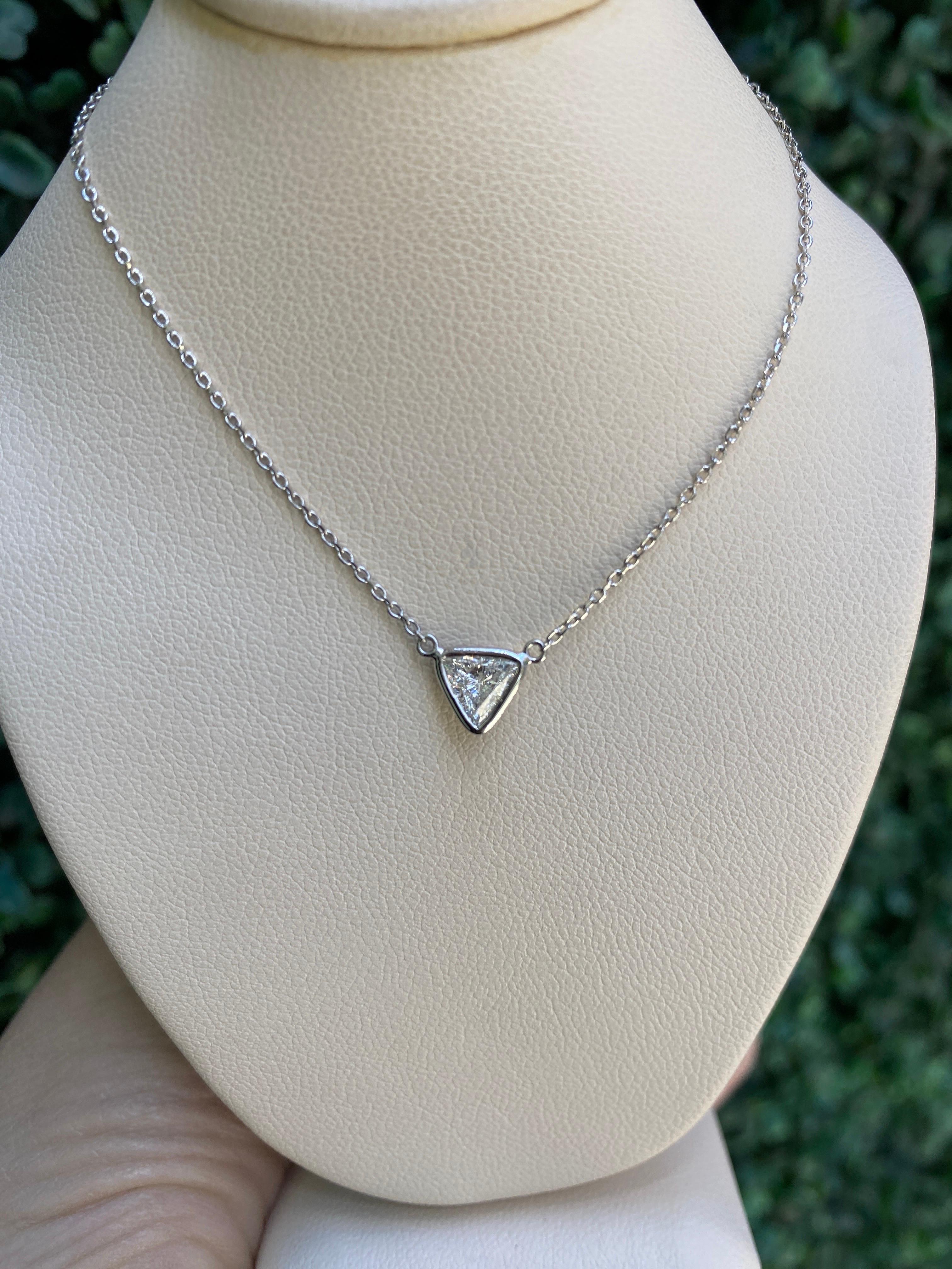 0.46 Carat Natural Trillion Cut Diamond Pendant Necklace, 14k White Gold 13
