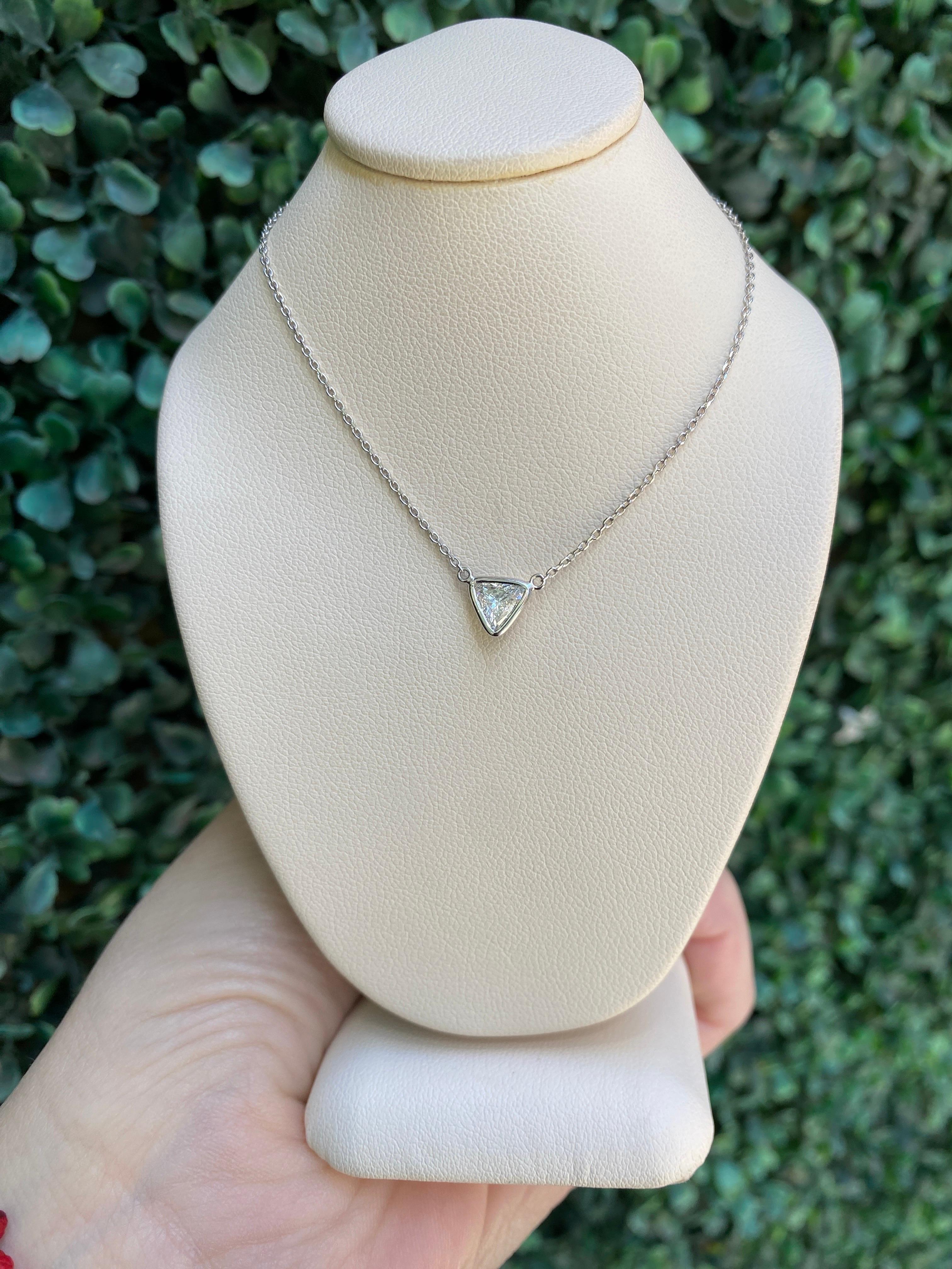 0.46 Carat Natural Trillion Cut Diamond Pendant Necklace, 14k White Gold 3