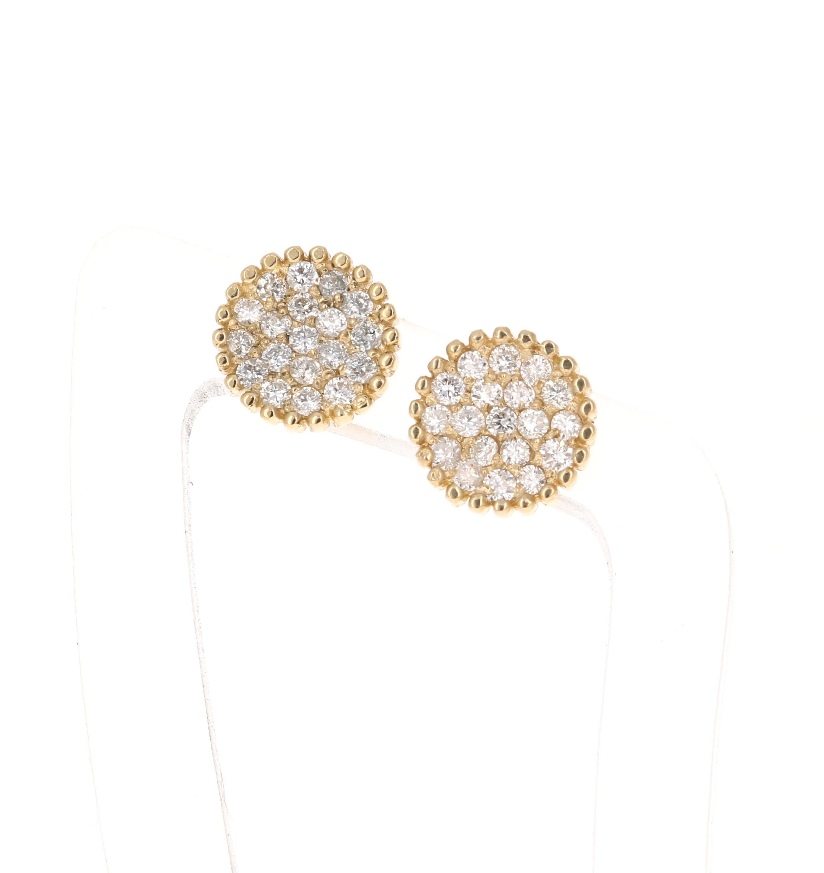 Round Cut 0.46 Carat Round Cluster Diamond Yellow Gold Earrings For Sale