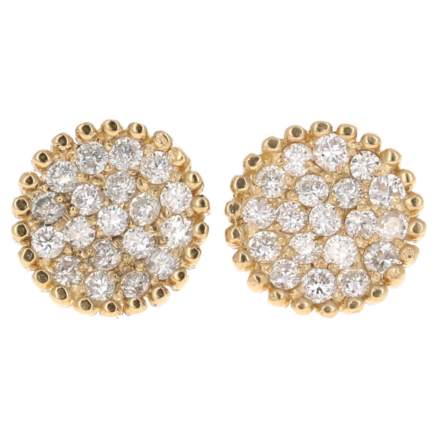 0.46 Carat Round Cluster Diamond Yellow Gold Earrings For Sale