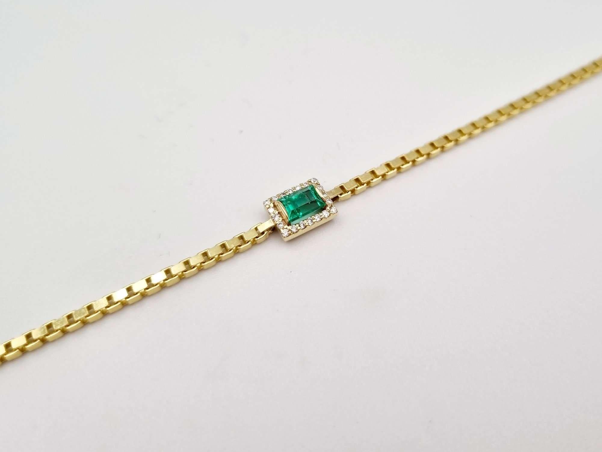 Modern 0.46 ct Emerald and Diamonds Bracelet / 14k Gold 3MM Chainbox Link Bracelet