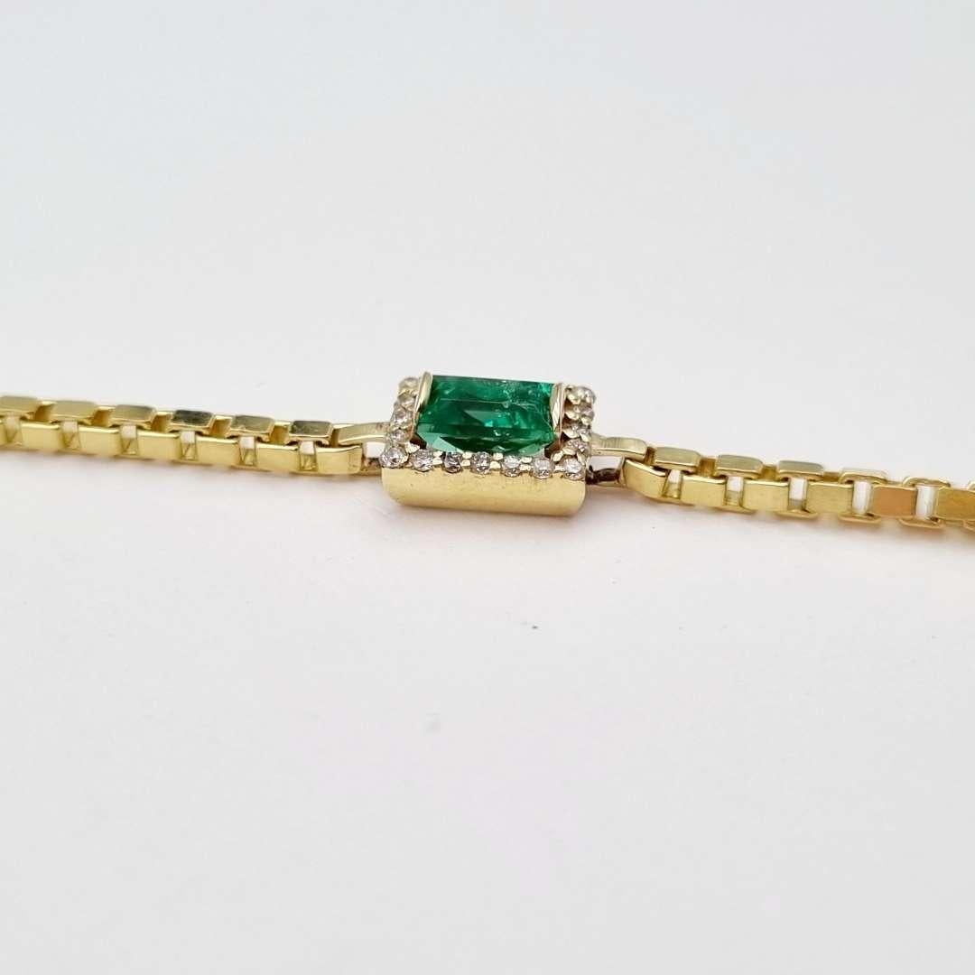 Emerald Cut 0.46 ct Emerald and Diamonds Bracelet / 14k Gold 3MM Chainbox Link Bracelet