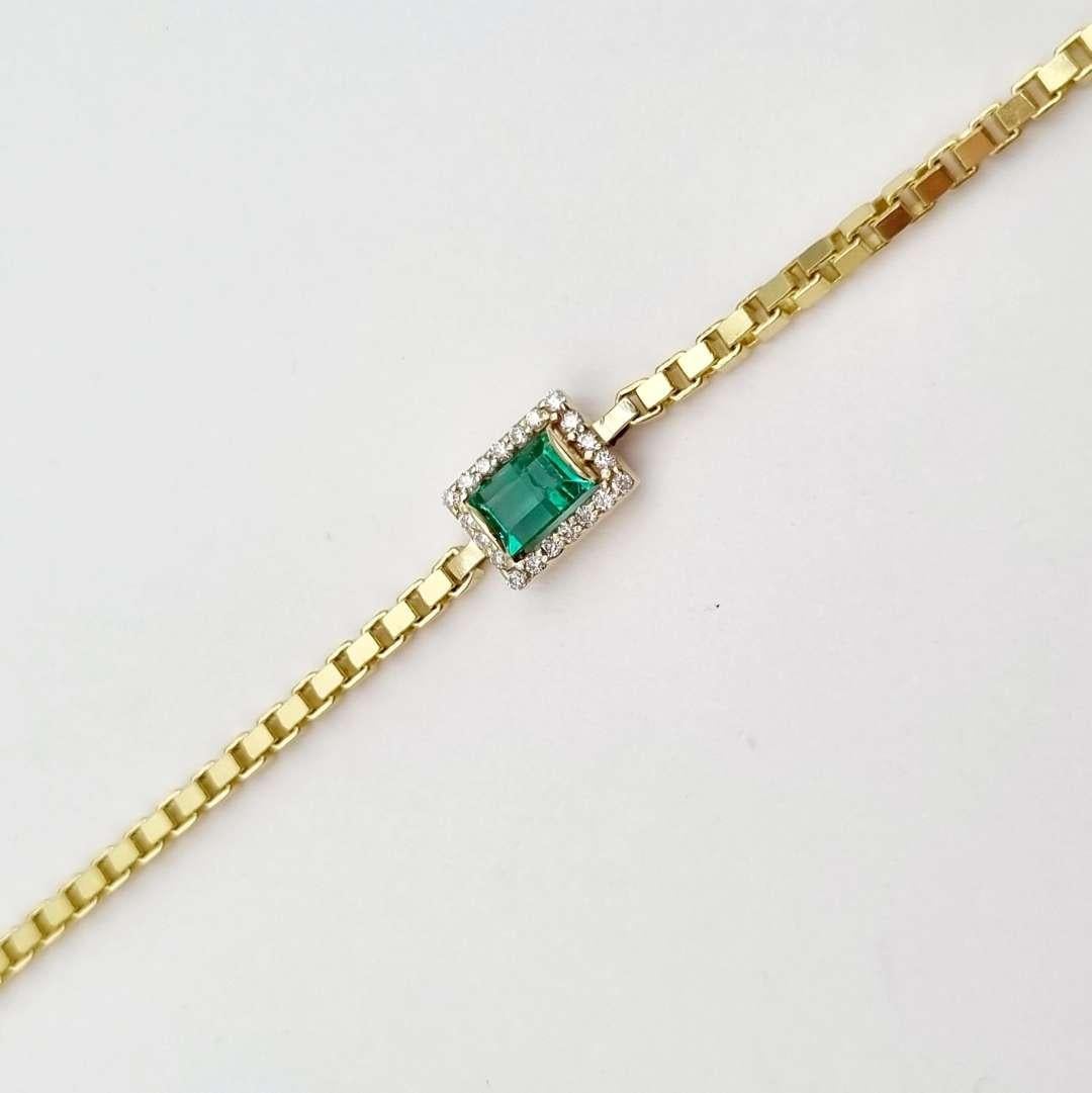 Women's or Men's 0.46 ct Emerald and Diamonds Bracelet / 14k Gold 3MM Chainbox Link Bracelet