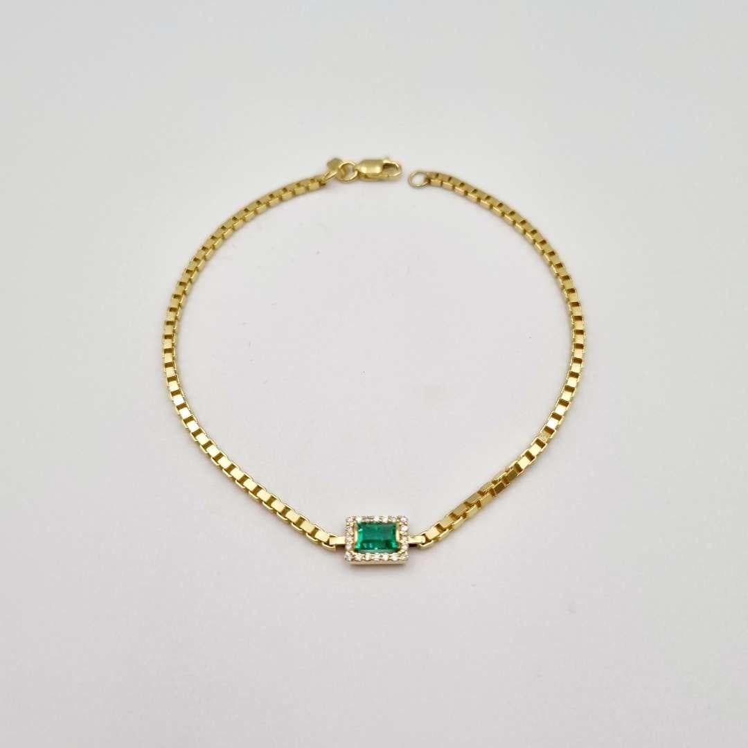 0.46 ct Emerald and Diamonds Bracelet / 14k Gold 3MM Chainbox Link Bracelet 1