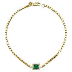 0.46 ct Emerald and Diamonds Bracelet / 14k Gold 3MM Chainbox Link Bracelet